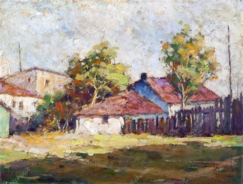 Oil painting representing country landscape with houses and trees ...