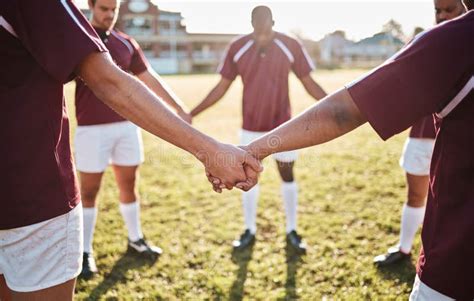 Man, Team and Holding Hands for Sports Huddle, Collaboration or Coordination on Grass Field ...