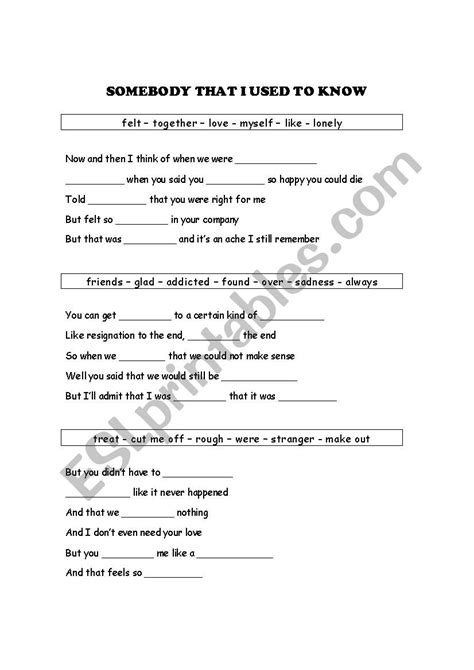 Somebody that I used to know - Song Activity - ESL worksheet by Raissa