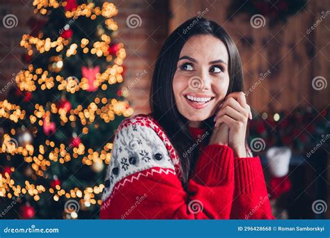 Photo of Cheerful Excited Girl Dressed Red Ornament Jumper Rejoicing Christmas Festal Weekend ...