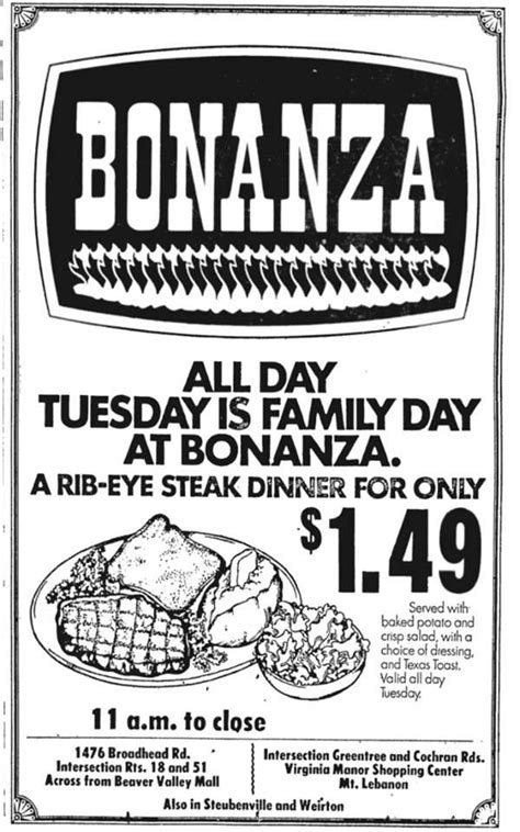 Bonanza Steakhouse - November 1975 | Old ads, Childhood memories ...