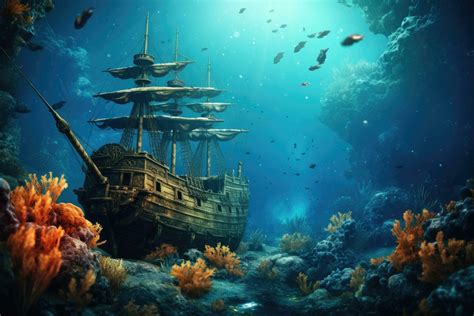 Tropical underwater scene with a pirate ship and corals. Beautiful underwater world with old ...