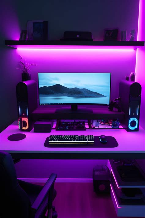 Desk setup with pink neon light 🖥 | La villa