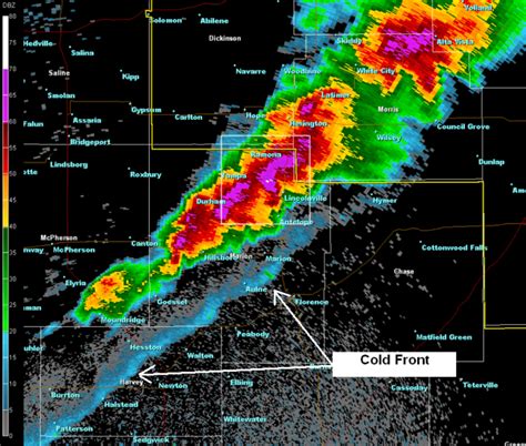 Image: Radar image of severe thunderstorms and cold front over Marion County, Kansas