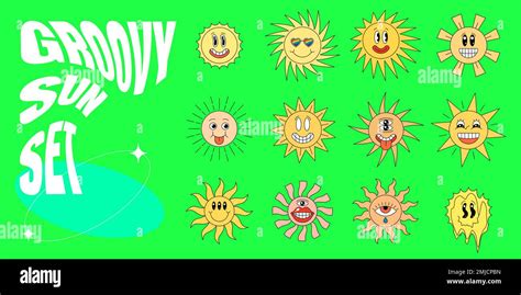 Retro groovy style shiny sun with sunbeams character set. Psychedelic ...