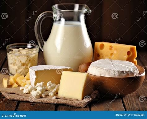 Table with Board of Different Types of Fresh Cheeses and Milk. AI Stock ...