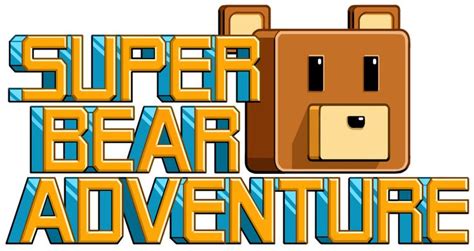 the super bear adventure logo is shown in blue and yellow letters with an image of a brown bear