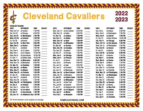 Printable 2022-2023 Cleveland Cavaliers Schedule