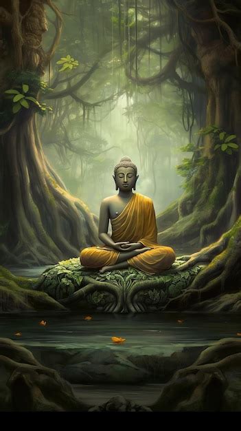 Premium Photo | A buddha in a forest with a tree in the background