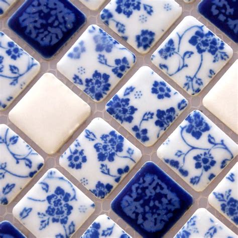 Blue and white porcelain tile kitchen backsplashes glazed ceramic mosaic | Bravotti.com