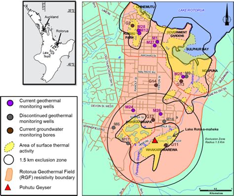 Map of the Rotorua Geothermal Field showing the extent of the field,... | Download Scientific ...