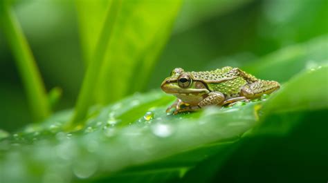 green frog on leaf, frog in rain, nature wildlife photography, amphibian on wet leaf, macro shot ...