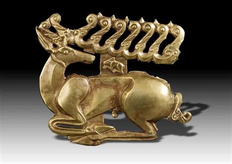 Gold plaque in the form of a recumbant stag. Scythian, late 6th - first ...