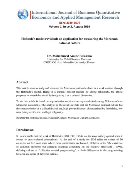 (PDF) Hofstede's model revisited: an application for measuring the Moroccan national culture