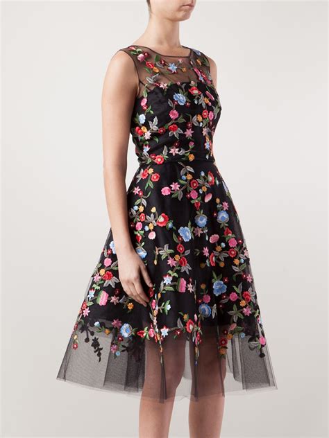 Lyst - Oscar De La Renta Floral Embroidered Tulle Dress in Black