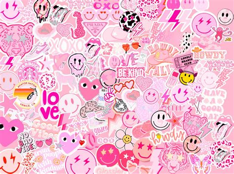 the pink background has many different types of stickers on it ...