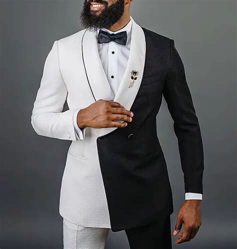 Men's Black White Suits Wedding Tuxedos Double Breasted Shawl Lapel ...