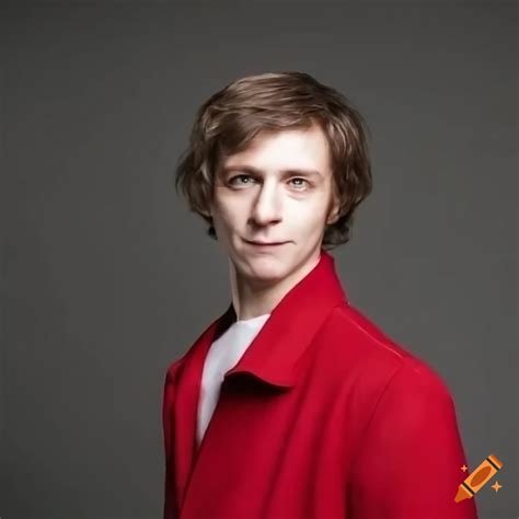 Man with short wavy brown hair wearing a red coat
