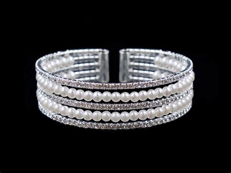 #16724 - 5 Row Pearl and Rhinestone Cuff Bracelet