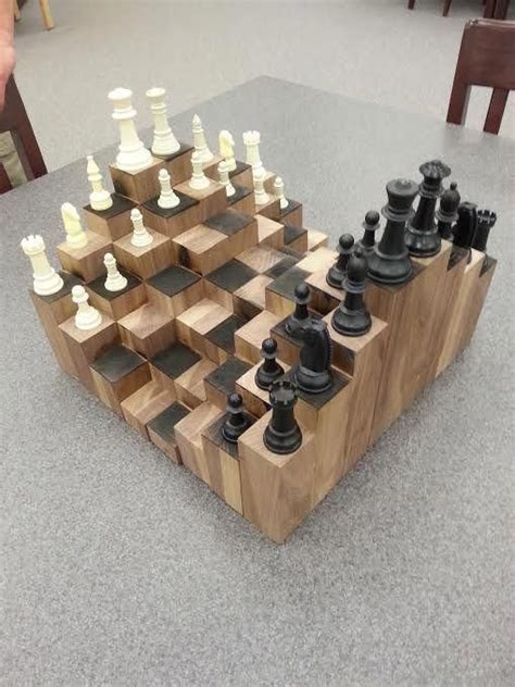 A multiple level 3D chess board. Made of walnut, each block is at a ...