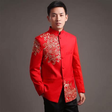 Chinese Style Wedding Suit Jacket Men Embroidery Patterns Male Tang Suit Mandarin Collar Red ...