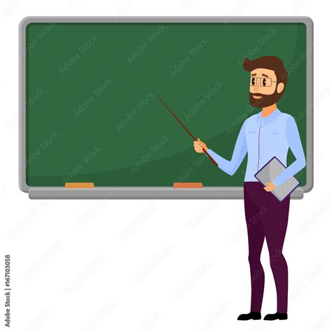 Young Teacher standing in front of blank school blackboard vector illustration. Male school ...