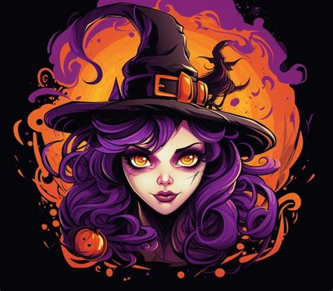 Premium AI Image | witch with purple hair and a black hat with a crow ...