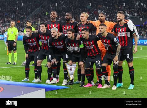 Milan, Italy. 12th Apr, 2023. AC Milan players line up during UEFA ...