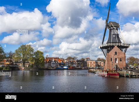 Haarlem cityscape with windmill De Adriaan on Spaarne river. Haarlem, Netherlands Stock Photo ...