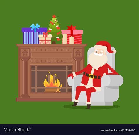 Santa sitting on armchair near fireplace Vector Image