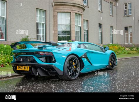 2019 Model Teal Blue Lamborghini Aventador SVJ Sports Car rear offside drivers side view rhd ...