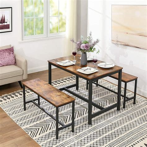 Dining Table with 2 Bench, Space Saving Dining Table Set, Modern Soho Dining Set with Metal ...