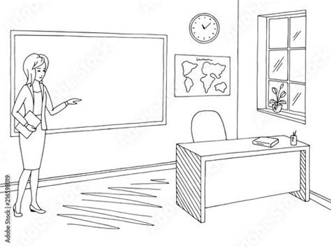 Classroom graphic black white school interior sketch illustration vector. Teacher is showing on ...