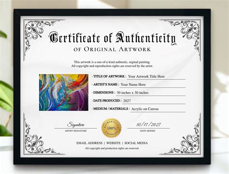 Certificate of Authenticity for Artwork, Editable Certificate of Authenticity, Printable ...