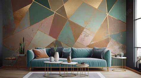 Modern Living Room With A Geometric Living Room Wallpaper Background, 3d Modern Geometric Mural ...