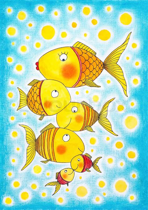 Group of gold fish, child's drawing, watercolor painting on paper ...