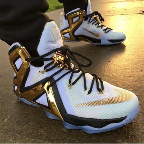 shoes, white, gold, metallic, black, lebrons 12, lebron 13 - Wheretoget