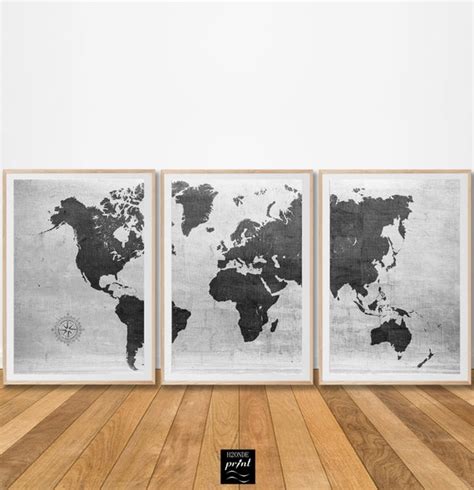 World map canvas set of 3 prints piece print poster painting | Etsy