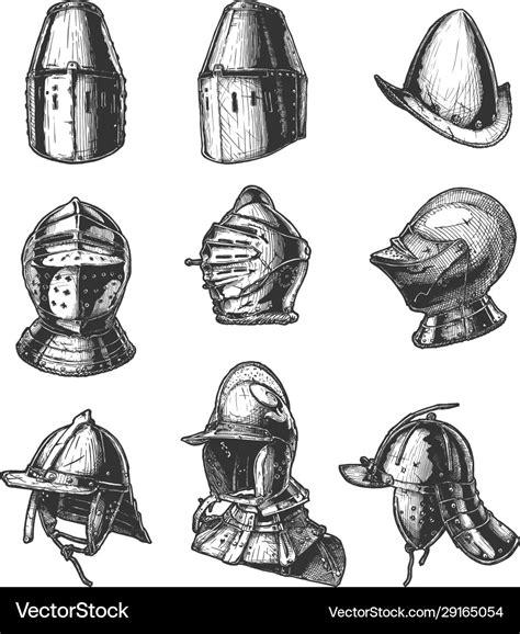 Set different medieval military helmets Royalty Free Vector