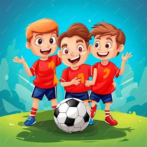 Premium Photo | Happy boys playing soccer on the soccer field Vector cartoon illustrationAI
