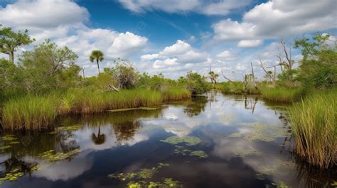 Pemandangan Tropis Yang Indah Di Rawa Dengan Pepohonan Berumput Dan Awan, Gambar Everglades ...