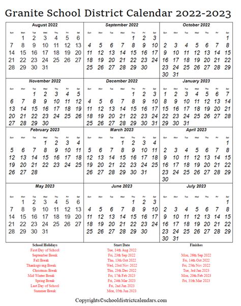 Granite School District Calendar Holidays | School District Calendars