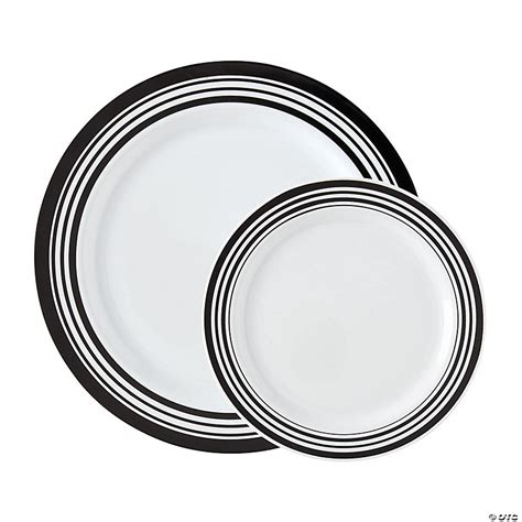 Bulk Premium White Plastic Plates with Black & White Trim - 100 Ct. | Oriental Trading