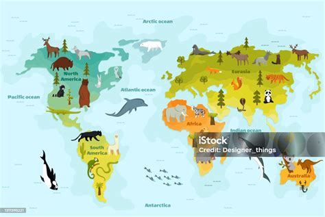 World Map With Different Animal Funny Cartoon Banner For Children With ...