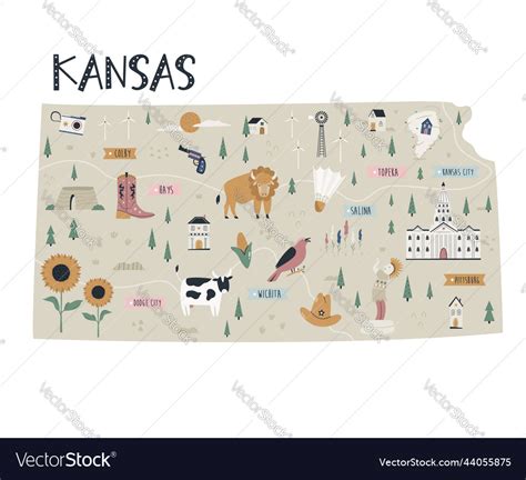 Kansas map state with landmarks and symbols Vector Image