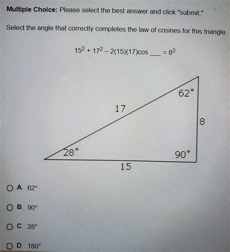 select the angle that correctly completes the law of cosines for this triangle - brainly.com