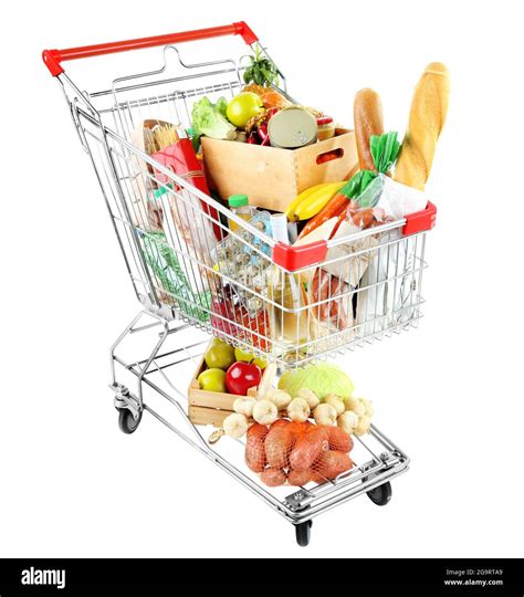 Shopping cart full with various groceries isolated on white Stock Photo ...