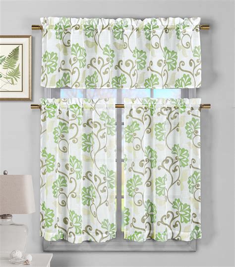 3 Piece Sheer Window Curtain Set: Sage Green Floral Vine Deisgn, 2 Tiers, 1 Valance - Walmart.com