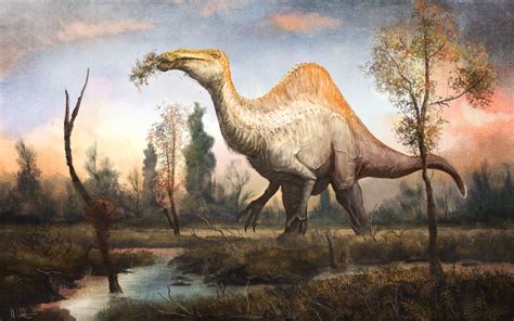 Deinocheirus depicted with sparse feathering (on account of its size) and a sail rather than a ...