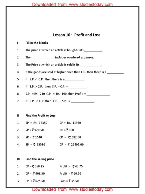 CBSE Class 5 Mathematics Worksheet- Profit and Loss (2) | PDF